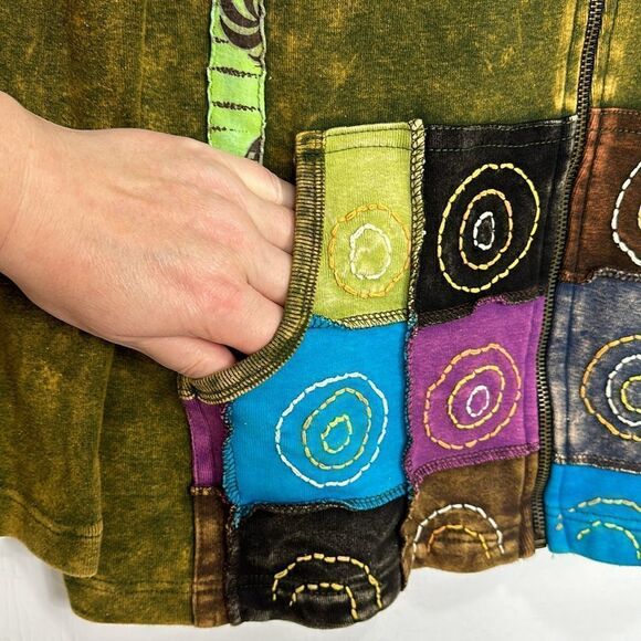 Rising International Bohemian Hippie Green Cotton Patchwork Zip Hoodie Size S - Picture 3 of 9